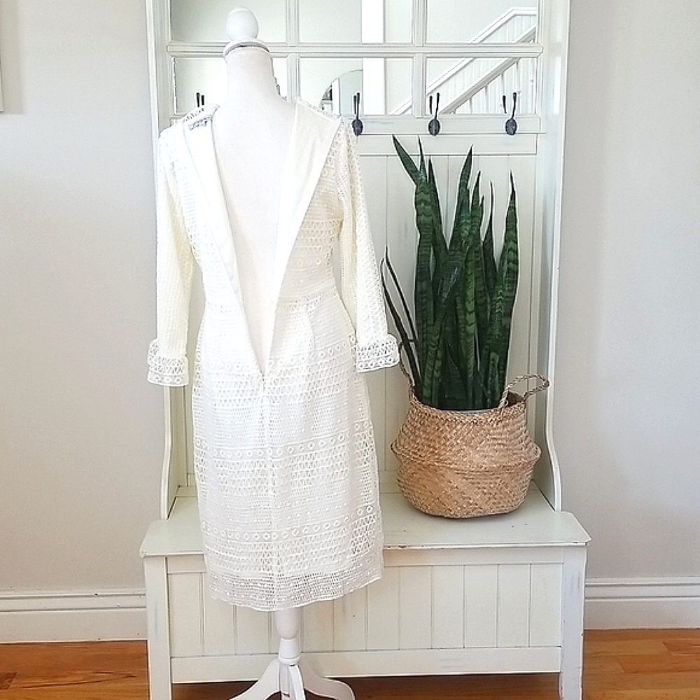 Stunning Off White Fitted  Lace Midi Dress - Picture 6 of 12